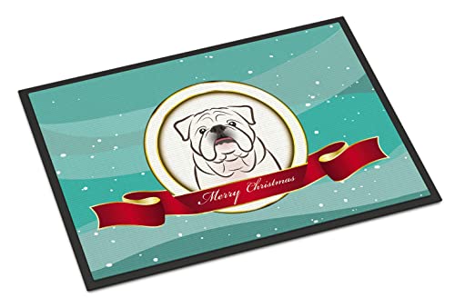 Caroline's Treasures BB1530JMAT White English Bulldog Merry Christmas Doormat 24x36 Front Door Mat Indoor Outdoor Rugs for Entryway, Non Slip Washable Low Pile, 24H X 36W