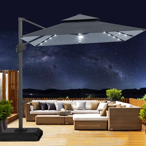 10' x 10' Heavy Duty Cantilever Patio Umbrella with Solar LED Lights & Weighted Base, 2-Tier Square Aluminum Offset Umbrella with 360-Degree Rotation for Backyard, Deck, Pool, Gray