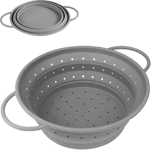 Colador de silicona plegable de 28 cm de diámetro, color gris, colador de cocina de silicona con asas, escurridor para escurrir, colador de pasta para pasta, verduras y frutas – Colador de cocina apto