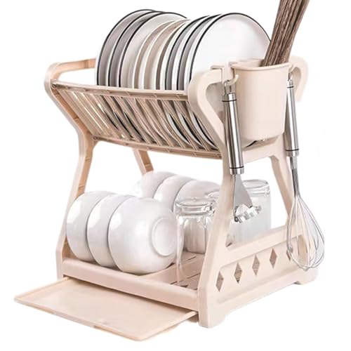 Escurridor de platos, organizador de cocina de 2 capas para ahorrar espacio, escurridor de platos con bandeja de goteo extraíble para platos, cucharas, tenedores
