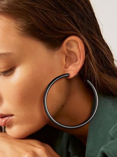 Image of Stainless Steel Chunky Hoop Earrings For Women, Minimalist and Chic, Black /Gold Plated, Round Hoops Earrings Hypoallergenic, Size: 30mm /40mm /60mm /80mm, Come with Box
