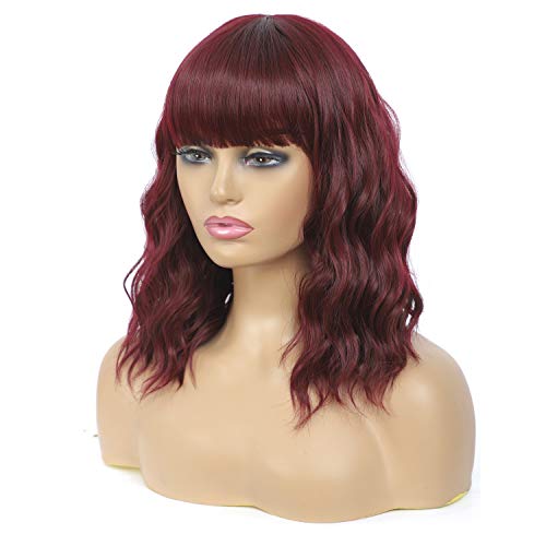 Annora Wine Red Short Wavy Bob Synthetic Wigs Air Bangs Curly Bob Short Curly Wigs for Women Cosplay Wigs Heat Resistant Fiber Wig Extensions 14 Inch