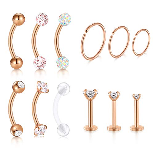 MODRSA 16g Rook Piercing Jewelry Eyebrow Rings Helix Cartilage Tragus Earring Studs Surgical Stainless Steel Curved Barbell Small Nose Conch Earrings Hoop Lip Ring Pack Rose Gold 8mm 10mm