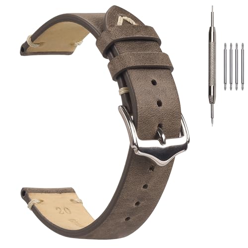 EACHE 20mm Leather Watch Bands for Men Vintage Oil Wax Grey Watch Strap