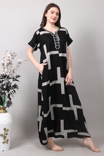 Image of Women's Nightgown | Wine Color with Abstract Geometric Print | Embroidered Neck Sleepwear | Premium Lounge Gown