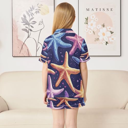 Satin Pajama Sets Short Sleeve Colorful Starfish Pattern Button Down Silky Nightwear 2 Piece PJS 5-14Y4