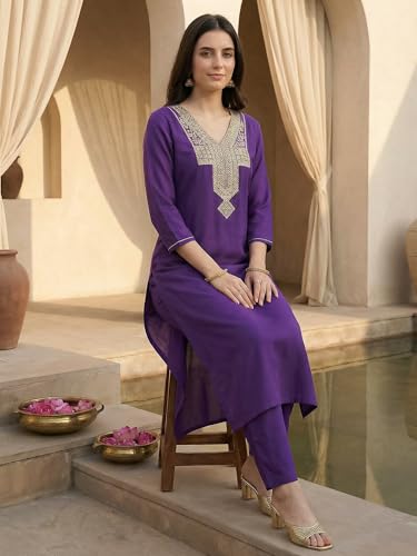 Image of INDO ERA Women's Silk Blend Embroidered Zari Work Straight Kurta & Pant Set | Cord Set For Women