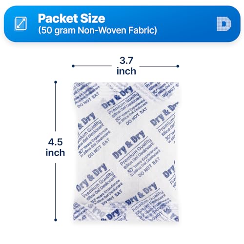 Image of Dry & Dry 50 Gram [200 Packets] Silica Gel Packets Desiccants, Silica Packets - Rechargeable Moisture Absorbers for Food Storage, Electronics, 3D Filament & Safes