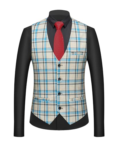MOGU Mens 3 Piece Slim Fit Plaid Suit Blazer Jacket+Vest+Pants