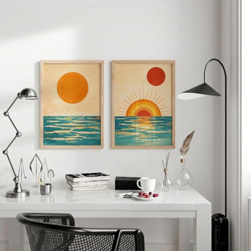 Image of TheMakerly Set of 2 Sunset Ocean Framed Wall Painting for Living Room | Modern Abstract Sun Wall Art | Aesthetic Coastal Sea Wall Decor Frames for Bedroom, Hall & Office