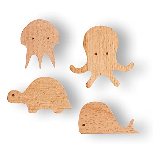 Image of WONQEXZ Wall Hook,Child Baby Nursery Wood Wall Hook,Natural Sea Aquatic Animal Coat Hooks,Wooden Hooks,Children Wall Mounted Hook,Set of 4