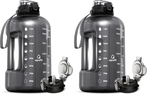 Image of AQUAFIT Half Gallon Water Bottle with Time Marker - Straw & Chug Lid - BPA Free Gym Water Bottle with Straw - Big Gallon Jug (Gray, 64 oz - 2in1 Lid) (Pack of 2)