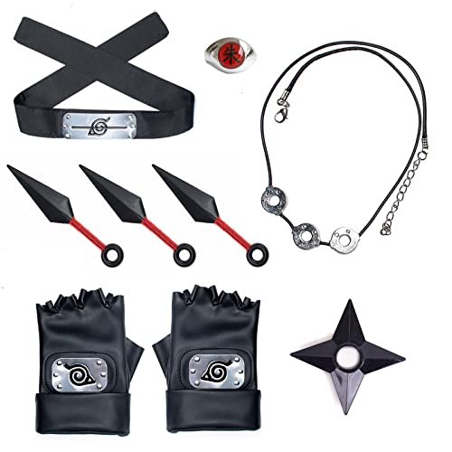 KEMIN 9PCS Anime Cosplay Accessoires Halloween Ninja Costume Jouets,Bandeau Anti-Konoha, Anneau, Collier Itachi Cosplay Accessoires pour Homme Femme Enfant Anime Fans Cover