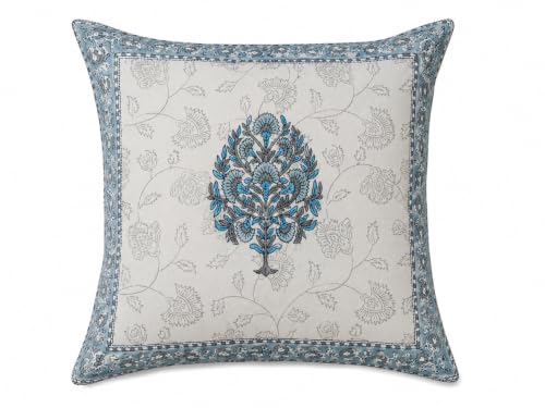 Image of Cotton Cushion Covers 16x16 Inch - Hand Block Floral Print Pillow Covers for Sofa, Couch & Bedroom (Pack of 5) (Cream & Blue)