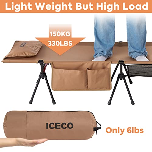 Iceco Camping Cot For Adults, Folding Cot For Camping Portable Bed Sleeping Cot, Lightweight Backpacking Cot Strong Support 330 Lbs For Tent,Outdoor,Hiking,Travel,Rv,Beach - Khaki #TOP4