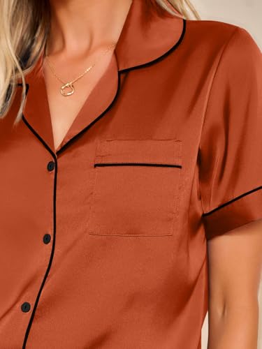Image of LILLUSORY Silk Satin Pajama Set for Women Summer Two Piece Fall Lounge Pjs | Cozy Matching Sleepwear, Short Sleeve Button Down Shirt and Shorts, Soft Loungewear with Pocket, Cute Trendy Clothing