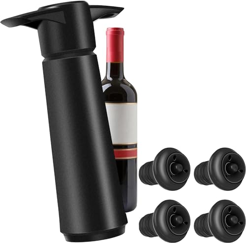4PCS Wine Bottle Stoppers, Wine Saver with Vacuum Stoppers, Wine Vacuum stoppers Wine Saver Reusable Bottle Sealer Keeps Wine Fresh for Beer Champagne Sparkling Wine(Wine Pump + 4 stoppers)