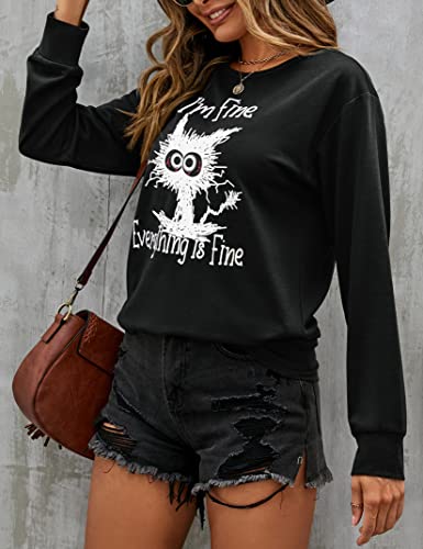 Joyjoy It's Fine I’m Fine Everything Is Fine Womens Sweatshirt, Loose Fit Crewneck Long Sleeve Shirts For Women Tunic Tops Black #TOP4