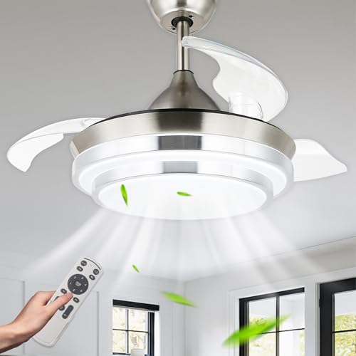 Bella Depot 42" Retractable Ceiling Fan with Light and Remote APP Control, Dimmable, 3 Color Change, Timing Options, Energy-Saving Fandelier Fan for Livingroom Bedroom Kitchen (Nickel Brushed) by Bella Depot - Used condition - CA$219.87