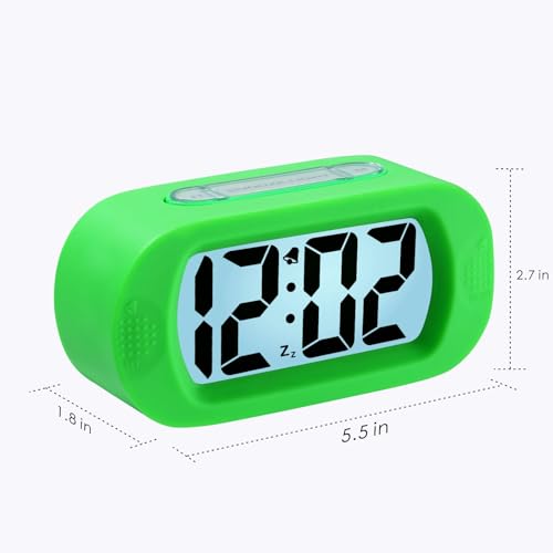 Image of Plumeet Kids Alarm Clock Large Digital LCD Travel Alarm Clocks with Snooze and Night Light - Ascending Sound and Handheld Size - Best Gift for Kids (Green)