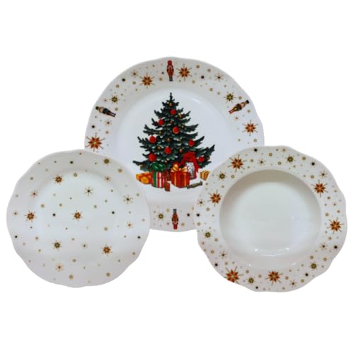 Omniacasa Servizio Piatti di Natale in Porcellana Resistente per 6 Persone: 18 Pezzi, Decorazioni con Albero di Natale Schiaccianoci e Stelle, Rosso e Bianco, Adatto: Lavastoviglie e Microonde.
