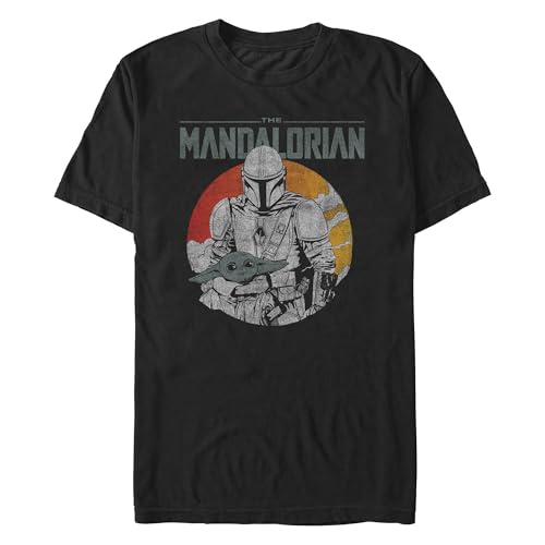 Image of STAR WARS Men's The Mandalorian Din Djarin and Grogu Distressed Retro Scene T-Shirt, Black, Medium