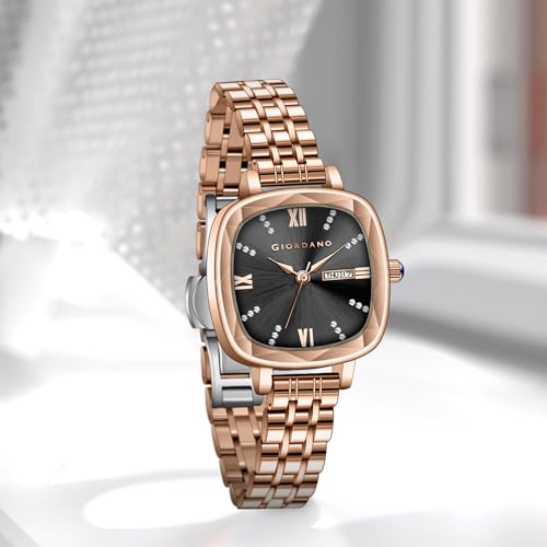 Image of Giordano Elegant Square Rose Gold Watch for Women - Crystal & Roman Hour Markers, Day-Date Display, Stainless Steel Strap