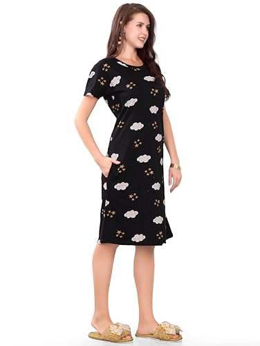Image of Printed Knee Length Pocket Night Dresses for Women | Cat Lovers | Premium Soft Cotton Nighty | Sky Blue