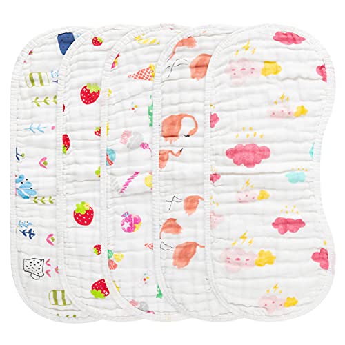 Image of GROBRO7 5Pcs Burp Cloths Baby Bibs Muslin Burping Bid for Babies with Strawberry Flamingo Cotton Large Towels in 6 Layers Extra Absorbent Soft Machine Washable Nursery Newborn Gift 7x18.5inch