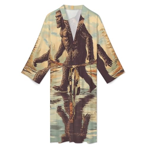 Bigfoot Sasquatch Walking Mens Robe Lightweight Bathrobe Long Sleeve Knee Length Loungewear3