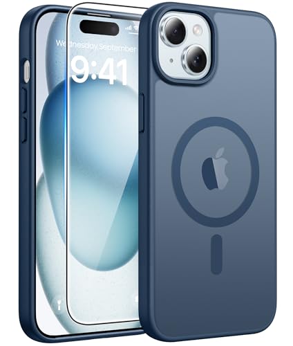 Image of FNTCASE for iPhone 15 Case: for iPhone 14 Case & iPhone 13 Case [Compatible with Magsafe] Translucent Matte Cases with [Screen Protector] Military Grade Shockproof Protective Phone Cover - Blue