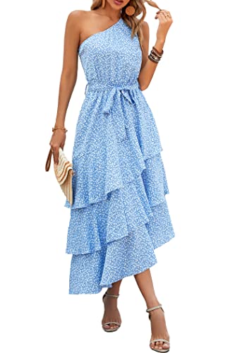PRETTYGARDEN Womens Summer Floral Sundress Casual One Shoulder Tiered Ruffle Flowy Midi Beach Boho Dresses (Floral Light Blue Small)