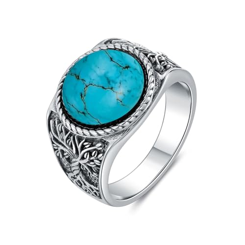 Men's Tree of Life Ring 925 Sterling Silver Round Black Onyx/Turquoise Vintage Band, Spiritual Jewelry for Engagement Wedding Anniversary Father’s Day Gift