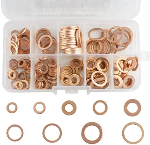 Beenlen 200 Pcs Copper Washer Assortment Kit, 9 Sizes Flat Washers Assortment Set Sealing Washers Kit Crush Washer Assortment