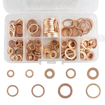 Beenlen 200 Pcs Copper Washer Assortment Kit, 9 Sizes Flat Washers Assortment Set Sealing Washers Kit Crush Washer Assortment