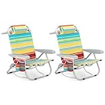Goplus Beach Chair, 2 Pack 330lbs Folding Backpack Chairs for Adults with 5 Positions, Storage Pockets, Towel Bar & Headrest, Foldable Low Beach Lounge, Portable Aluminum Lay Flat Camping Chair