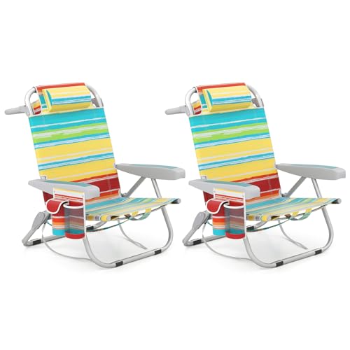 Goplus Beach Chair, 2 Pack 330lbs Folding Backpack Chairs for Adults with 5 Positions, Storage Pockets, Towel Bar & Headrest, Foldable Low Beach Lounge, Portable Aluminum Lay Flat Camping Chair