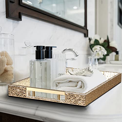 Serving Tray With Handles, 17.1”X11.8” Pu Leather Ottoman Tray, Rectangle Coffee Table Tray, Modern Elegant Decorative Tray For Breakfast Tea Food Drinks Jewelry Living Room Kitchen Vanity, Light Gold #TOP2