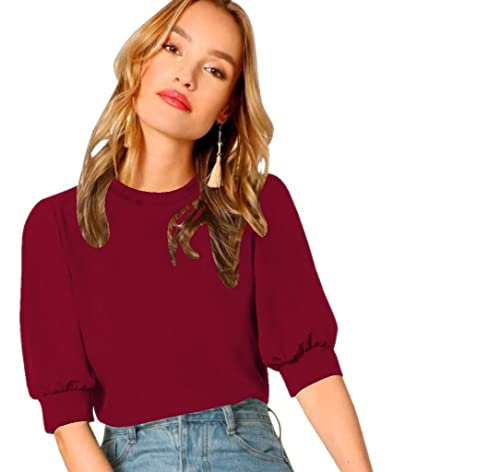 Image of Dream Beauty Fashion Women's Puff Sleeve Round High Neck Top Balloon Bishop Sleeve Elegant Casual Tee (23 inch Inches)- (Top Sofia P)