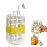 2 in 1 Eiswürfelflasche mit Stroh, Tragbar Wasserflasche Eiswürfelschale, Berührungslos Flasche zur Herstellung von Eiswürfeln, für Heim Picknicks Im Freien Büro(Blue,800ml)