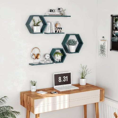 Image of Wooden Floating Wall Mounted Set of 6 Hexagon Shelves Display Shelf for Photos, Plants, Rustic Honeycomb Shelves for Living Room, Bedroom, Bathroom, Kitchen, Office (Dark Green)