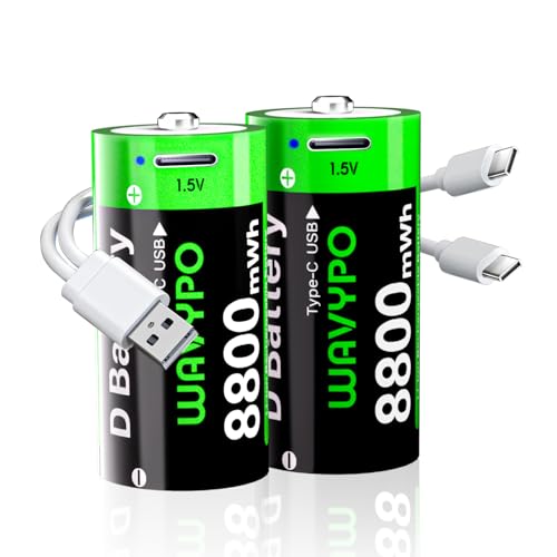 WAVYPO Rechargeable Lithium D Batteries, 8800mWh High Capacity D Cell Batteries with 2 in 1 USB-C Charging Cable, D Size Cell Battery Replacement for Floodlight Toys (2 Pack)