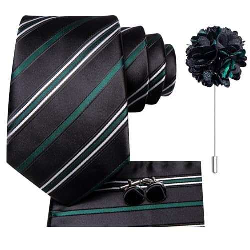 Image of Dubulle Mens Black Green Tie and Lapel Pin 4Pcs Set Formal Striped Dress Necktie with Pocket Square Cufflinks Wedding Party