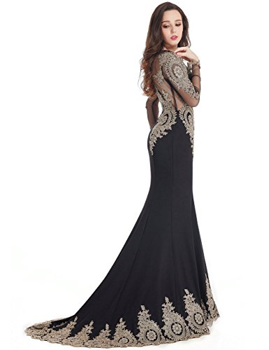 MisShow Women's Rhinestone Applique Long Sleeve Mermaid Evening Dress Plus Size,Black,16