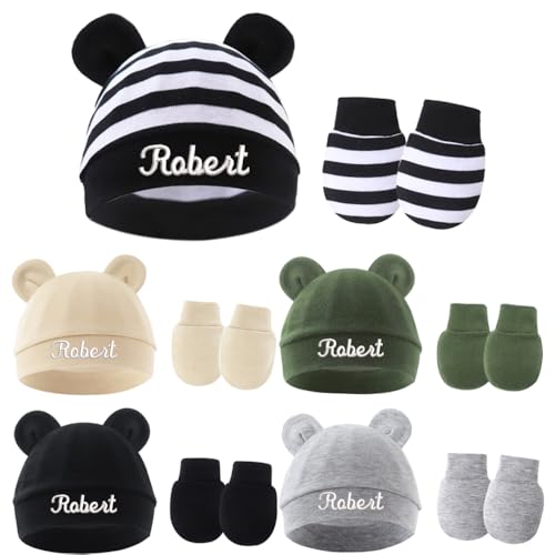 Custom Embroidery Baby Hats with Name,Personalized Baby Hats and Mittens,Infant Newborn Cotton Beanie Gloves No Scratch Set2
