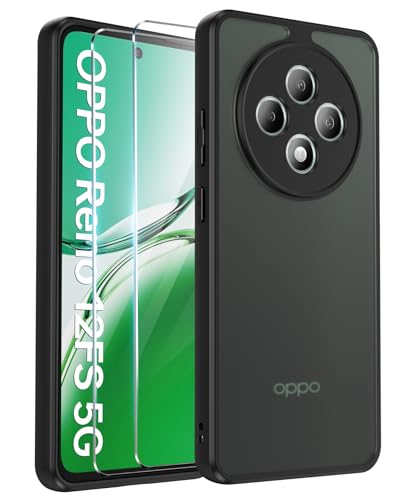 FLLAO Opaca Cover Compatibile con OPPO Reno 12 F (4G / 5G) OPPO Reno 12 FS 5G con 2 Vetro Temperato, [Della Fotocamera Protezione] Anticaduta Antiurto Anti-Graffio Hard PC Glassata Custodia Nero