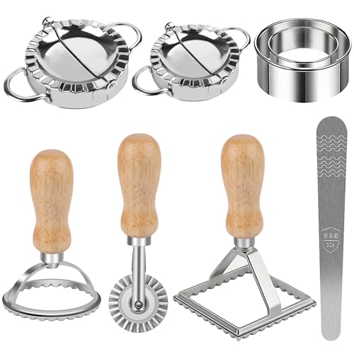 8 Stück Ravioli Former Set Edelstahl Dumpling Mit Ravioli Maker Ausstecher und Teigrädchen Teigtaschenrad Former für Ravioli Knödel Werkzeug Keks Kitchen Attachmen