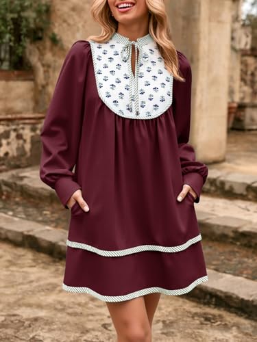 Image of Wenrine Womens Casual Floral Mini Dress Fall Long Sleeve V Neck Patchwork Loose Boho Shirt Dresses