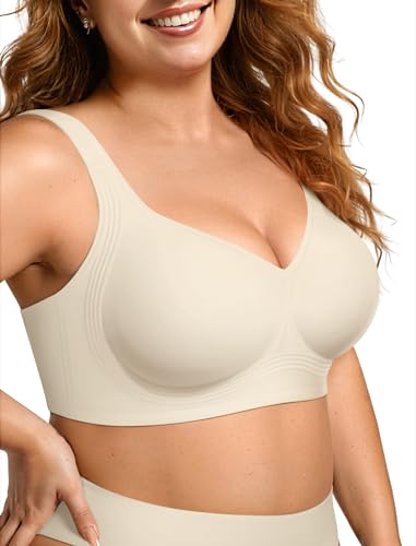 OEAK Womens Wireless Jelly Bra Plus Size Supportive Seamless Bras Full Coverage Push Up Comfortable No Underwire Tshirt Bras Beige M