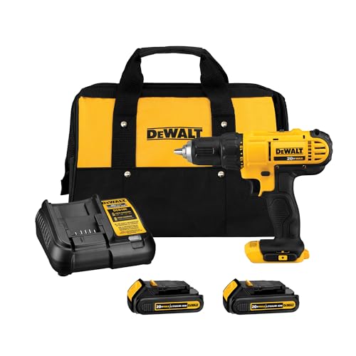 DEWALT 20V Max Cordless Drill Driver Set, 2 Speed, High Performance Motor, Includes 2 XR 1.3Ah Li-Ion Batteries, Charger and Contractor Bag (DCD771C2)